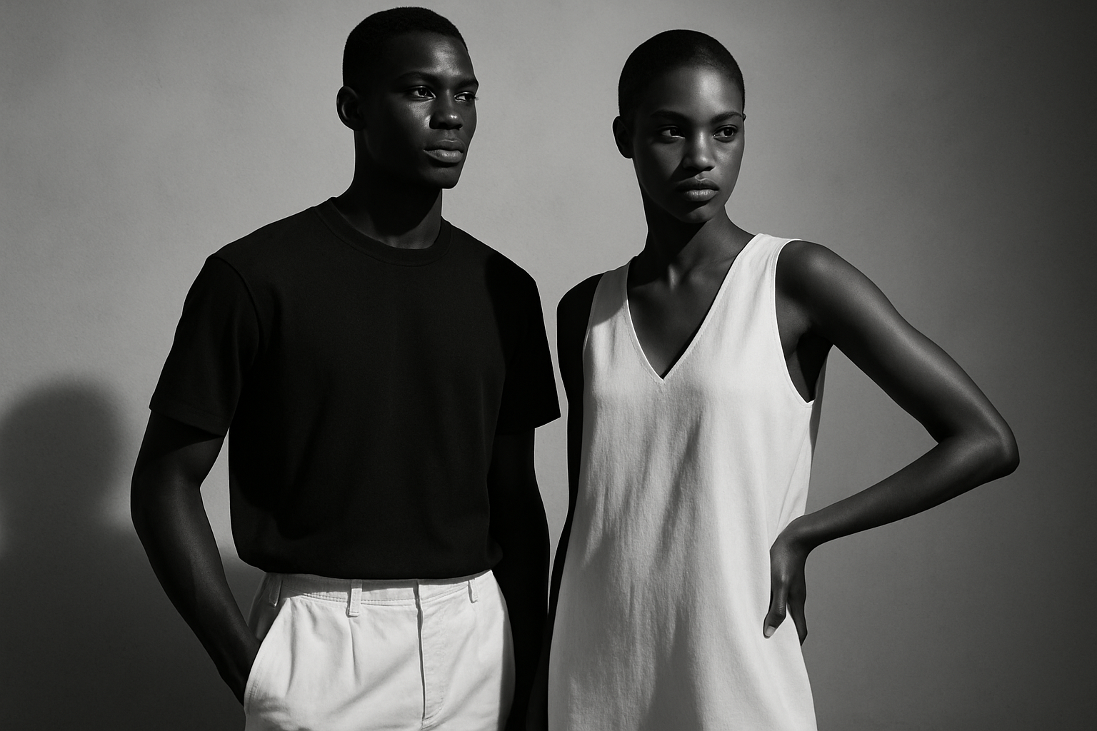Dunkelhäutiges männliches und weibliches Model zusammen in minimalistischer Luxury Streetwear im Schwarz-Weiß-Stil