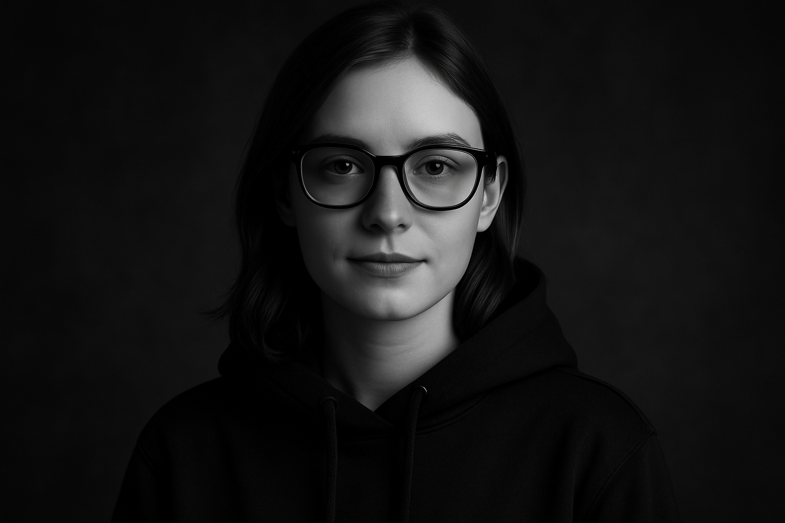 Professional portrait of a young woman with realistic features, glasses and elegant hoodie in black and white