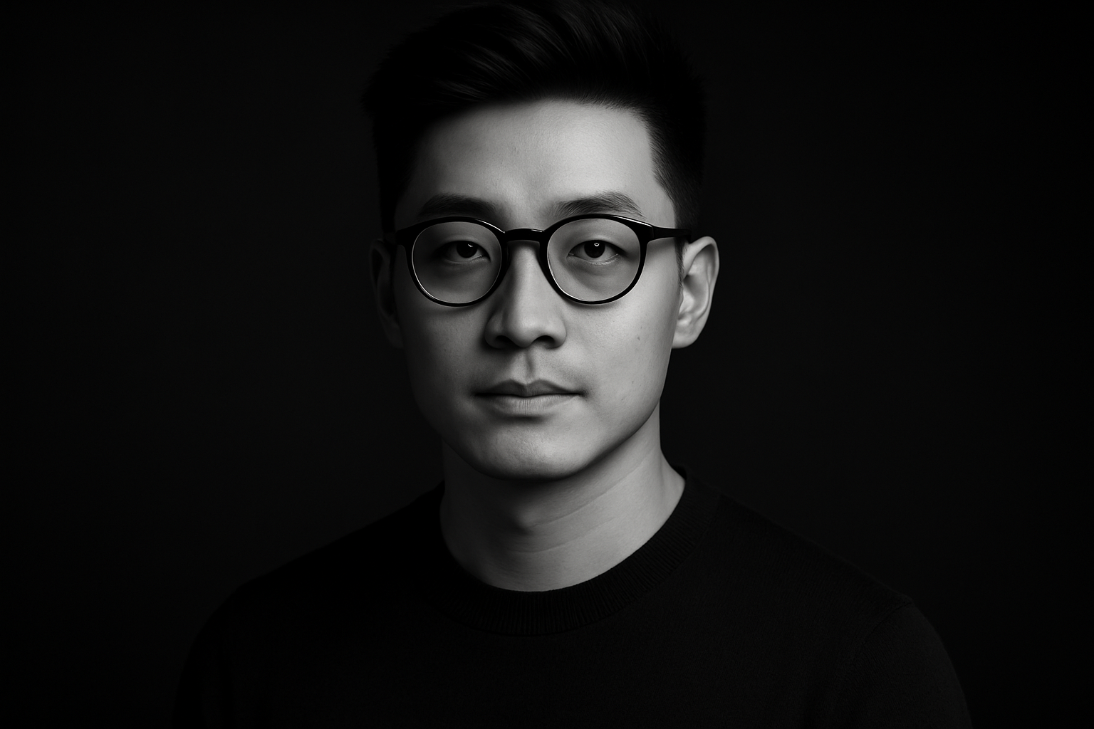 Professional portrait of an Asian man with glasses in black and white, matching reference style