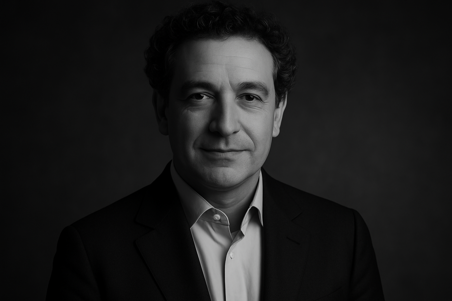 Professional portrait of an Italian man with curly hair wearing a suit jacket in black and white